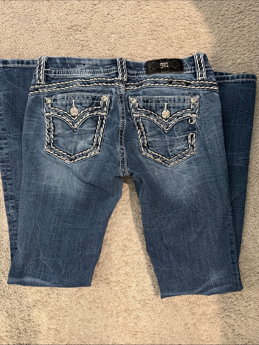 Miss Me Blue Boot Cut Jeans with Embroidered Rhinestone Back Pockets